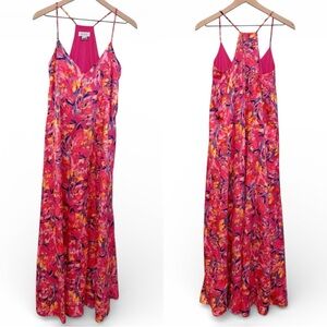 Nicole Miller NY S Pink Floral Colorful Satin Maxi Slip Dress Long Silky Bold